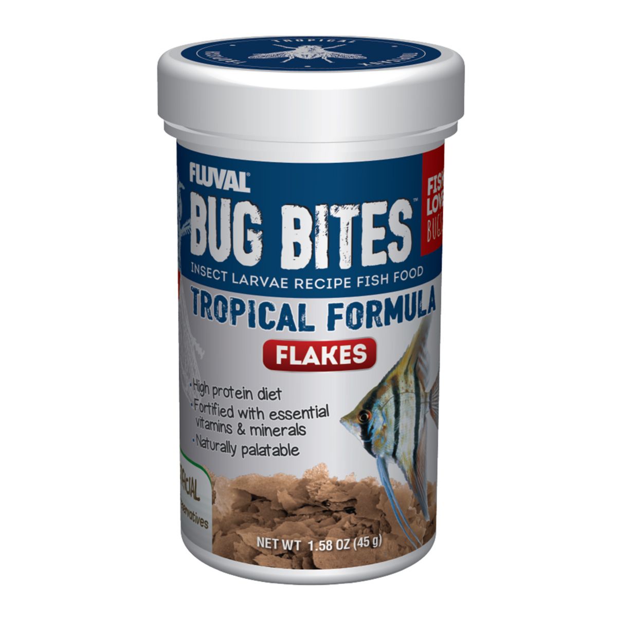 Fluval Bug Bites Tropical Formula flakes fish food tub