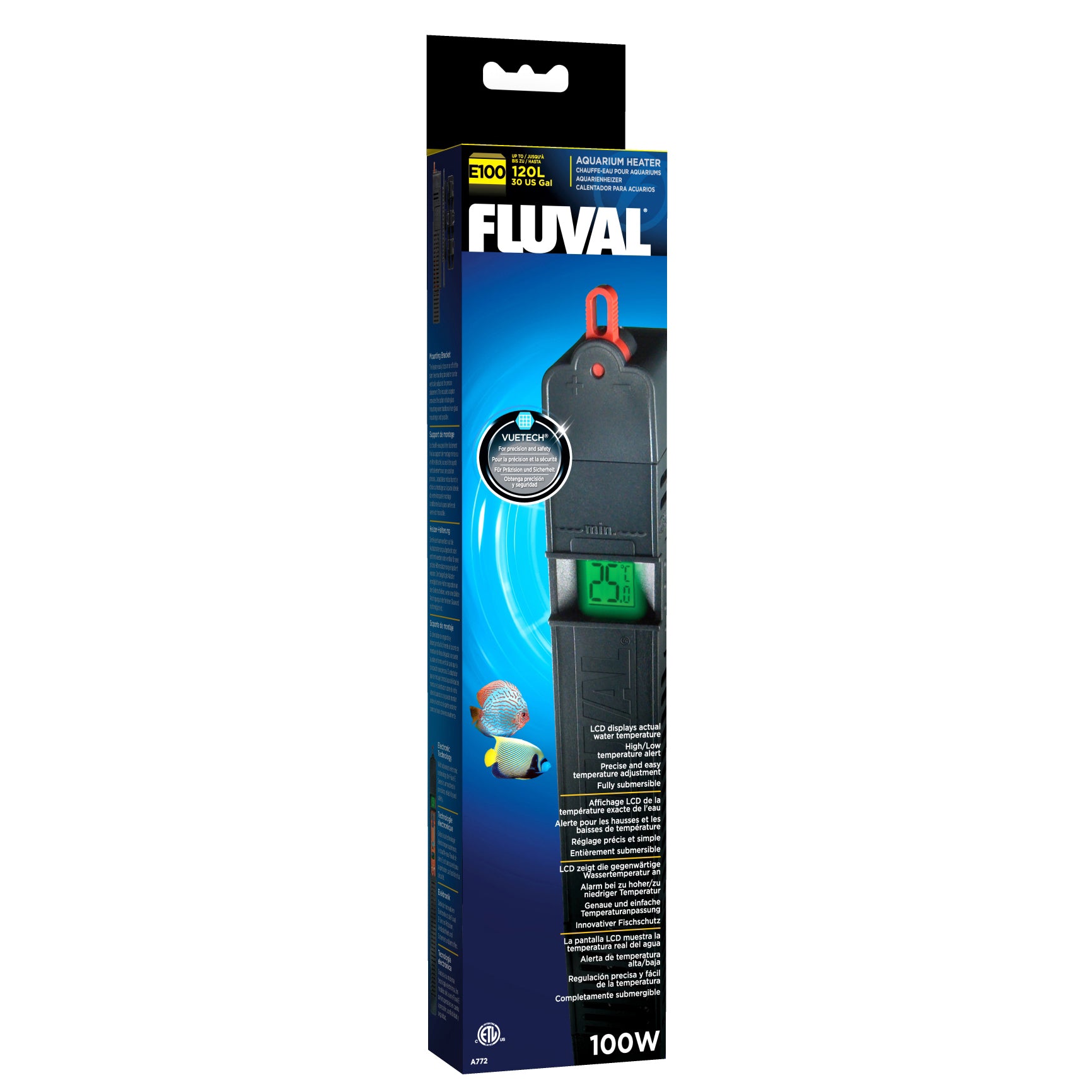 Fluval E100 electronic aquarium heater with LCD temperature display