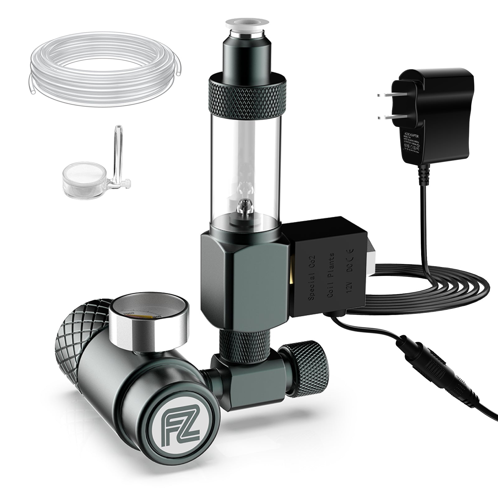 FZONE compact aquarium CO2 regulator kit with solenoid, bubble counter and diffuser
